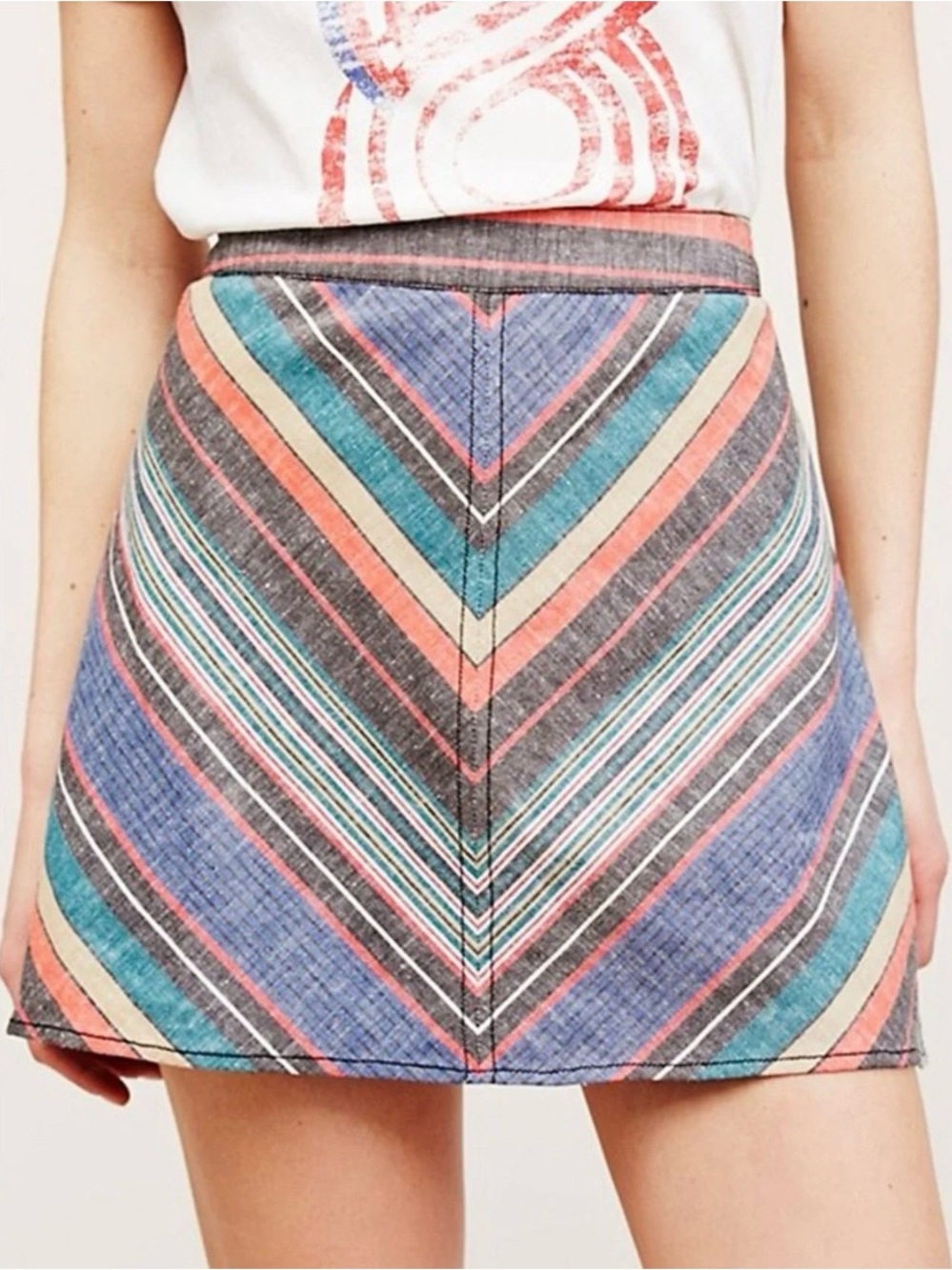 Free People Yours Truly Mini Skirt Vintage Red Combo Chevron Stripe ,Size 6